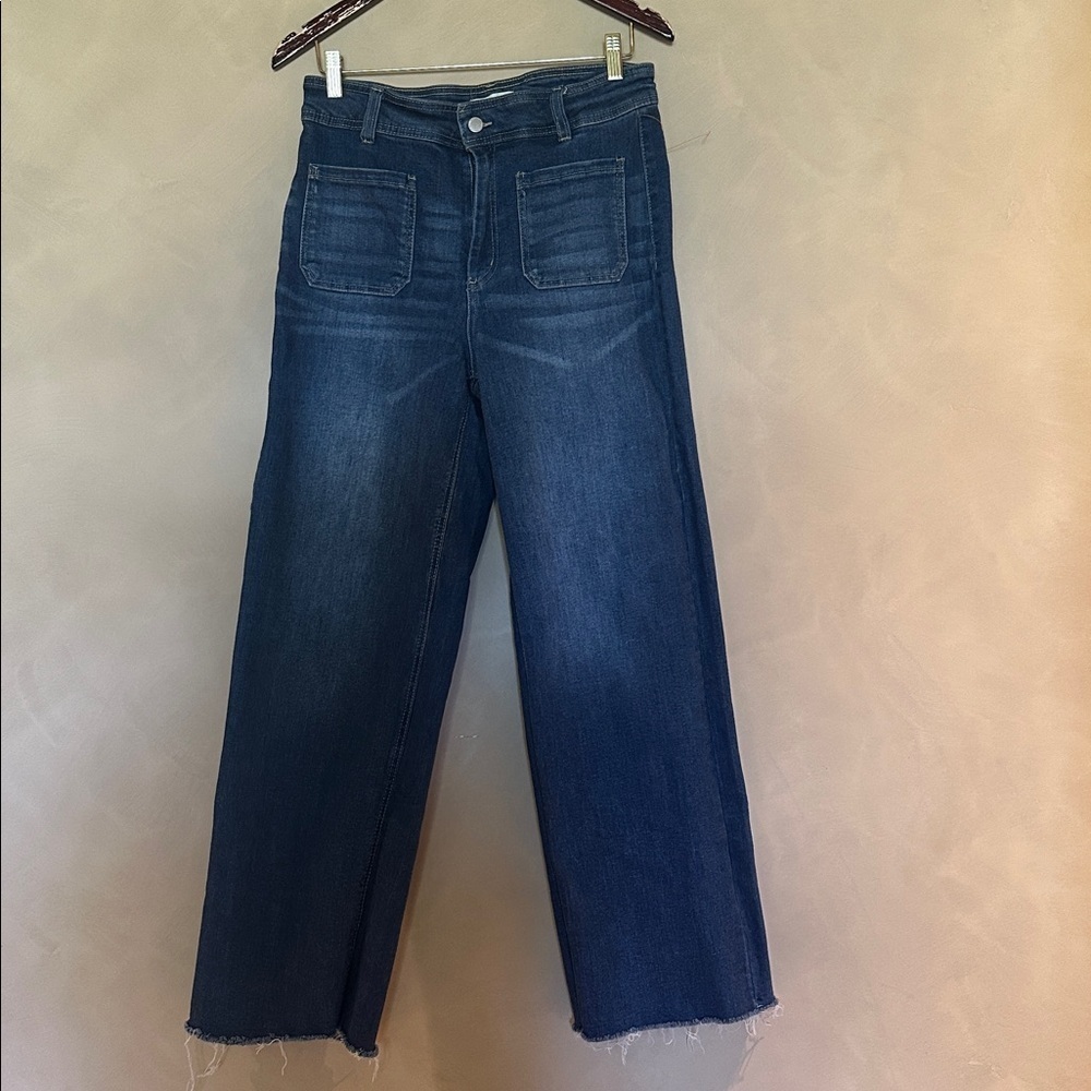 Oat Jeans New York Patch Pocket Front Raw Hem Wide Leg Flare Size 30